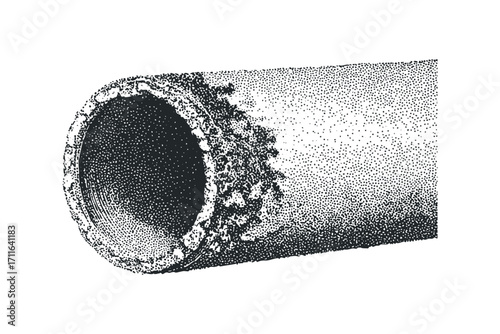 Corroded pipe section stippled graphic on transparent background. Vector hand drawn illustration
