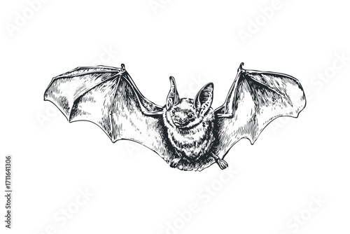 Detailed vintage sketch of a bat with spread wings on transparent background. Vector hand drawn illustration