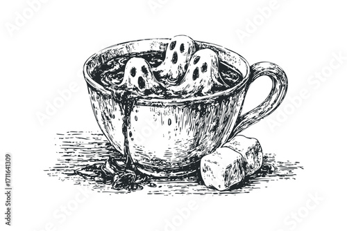 Spooky ghosts emerging from a spilled coffee cup with sugar cubes. Vector hand drawn illustration