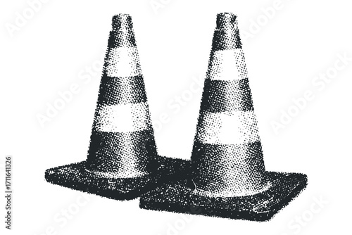 Two traffic cones isolated on white, grayscaled graphic element. Vector hand drawn illustration