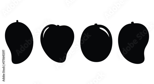 Four diverse mango silhouettes isolated on white representing tropical fruit variety vector