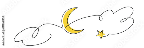 Wallpaper Mural Continuous line crescent moon with clouds and star for Eid Ramadan design Torontodigital.ca