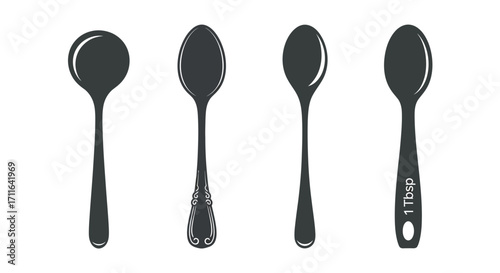 Set of four black spoons in various shapes and sizes isolated on vector