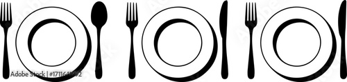 Set of Black Tableware with Plates, Forks, and Knives