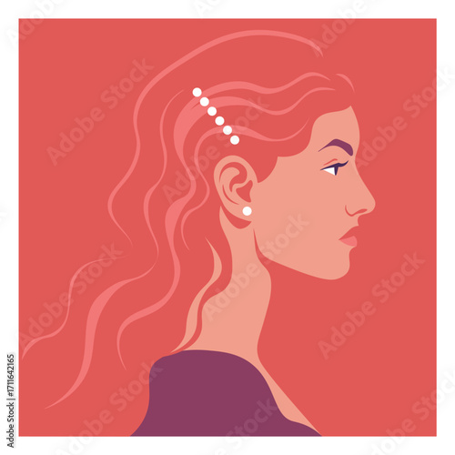 Vector portrait of a fashionable young woman with long wavy red hair, decorated with pearl hairpins and earrings. She is shown in profile, wearing a stylish outfit. Flat illustration
