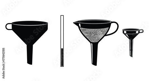 Variety of black kitchen funnels and strainer for cooking and baking tasks vector