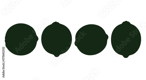 Four dark green lemons arranged in a row on a white surface vector