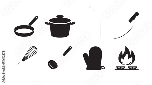 Collection of kitchen utensils icons including frying pan pot knife whisk ladle oven mitt and gas stove representing cooking food preparation and culinary arts