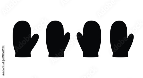 Four black mittens lined up together symbolizing winter warmth and cozy accessories for cold weather vector