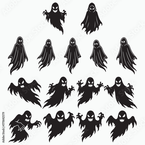 Flying witch silhouette vector set with broomsticks for Halloween spooky background and gothic horror illustration