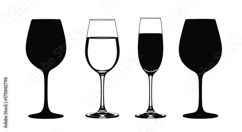 Four silhouette wine glasses and champagne flutes featuring liquids and transparent designs vector