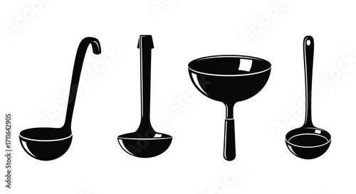 Set of four black ladles and soup spoons kitchen utensils collection vector
