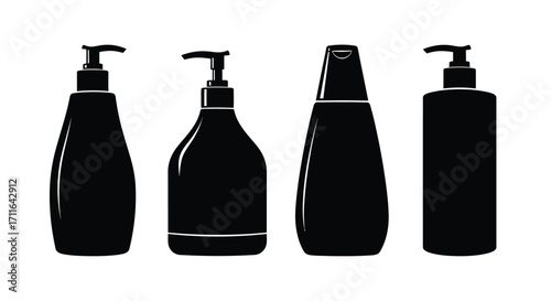 Four diverse black silhouettes of dispenser bottles ideal for personal care products vector