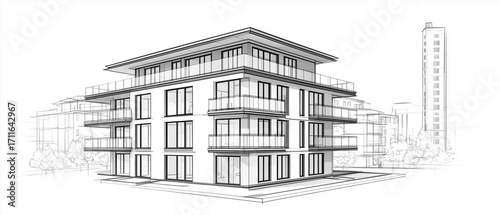 A black and white isometric line drawing of a modern two-story apartment building with a flat roof