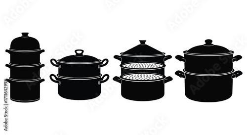 Set of black cooking pots and steamer baskets kitchenware for food preparation and culinary creations vector