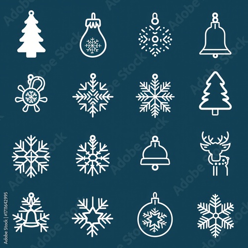 White Christmas Icons on Dark Background for Festive Design Use
