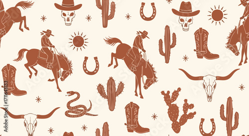 Boho Western Pattern with Cowboys, Horses, Cacti, Skulls, and Boots for Trendy Design