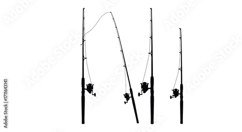 Three fishing rods with reels ready for angling and outdoor adventure vector