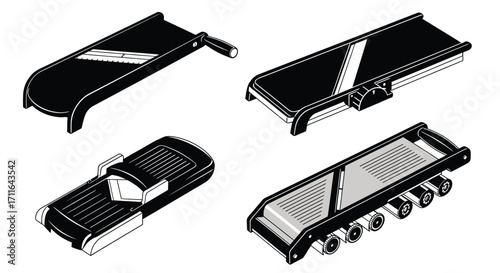 Set of four black mandoline slicers and julienne tools for food preparation kitchen gadgets vector