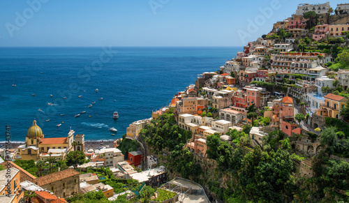 The picturesque small Italian town of Positano, descending from the terraces from the mountains to the Mediterranean Sea. This is one of the most famous places on the Amalfi Coast.