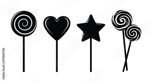Set of four black lollipops swirl heart star shapes festive treat icons vector