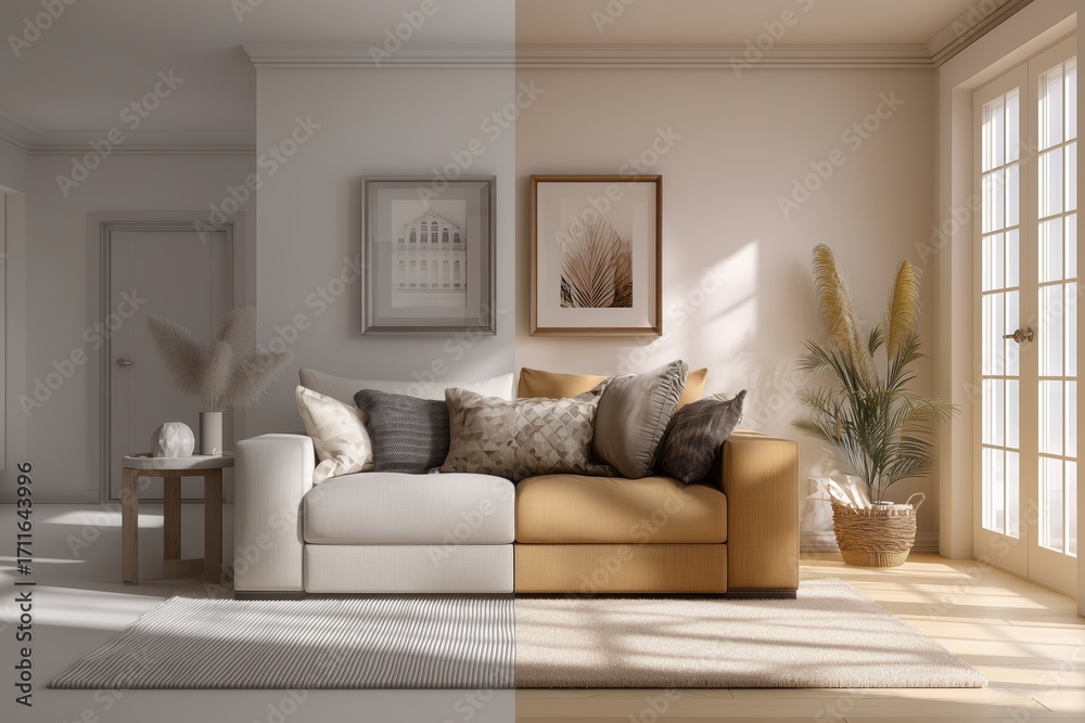 Fototapeta premium Modern living room interior with beige sofa cozy home design
