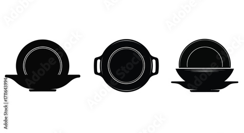 Set of three black ceramic bowls with saucers kitchenware and dining utensils collection vector