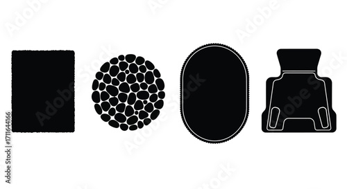 Four black shapes arrayed isolated objects simple geometric forms graphic elements studio shot vector