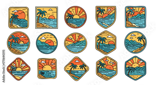 Stunning tropical sunset badges with palm trees, ocean views, perfect for travel branding