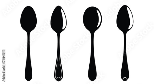 Four shiny black spoons arranged in a row for culinary concepts and kitchenware photography vector