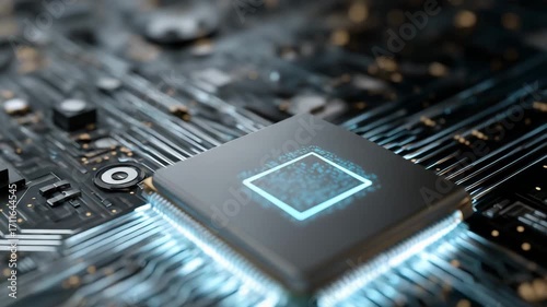 A computer chip is lit up with a blue light. The chip is on a black background. Infographic conceptual glowing AI chip with floating law symbols and padlock icons, legal framework minimal clean