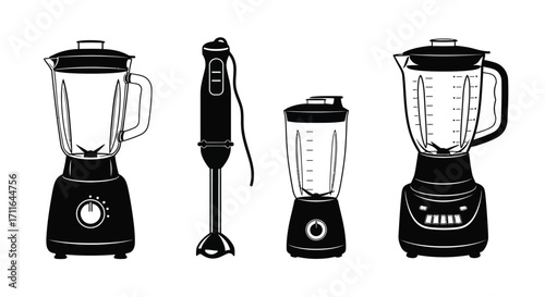 Collection of diverse kitchen blenders including countertop and immersion models for food preparation vector