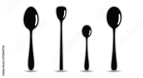 Four black spoons of different sizes on a isolated studio shot vector