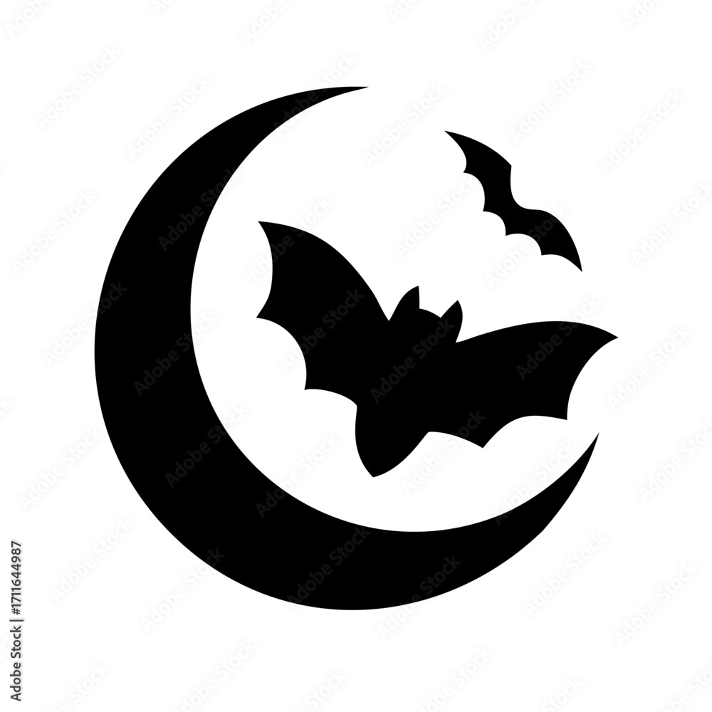 Fototapeta premium Crescent Moon And Bat Icon Vector Silhouette