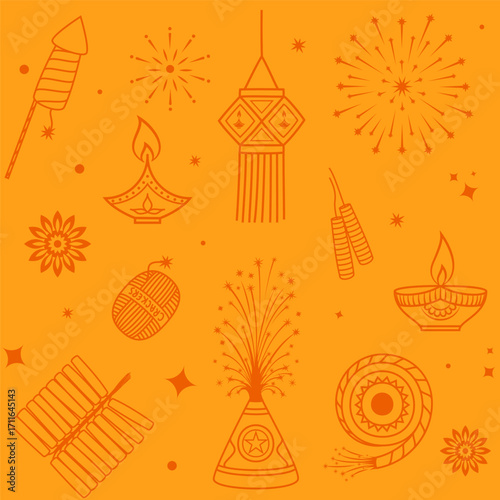 happy diwali festival seamless pattern background with lights, crackers, diya and more