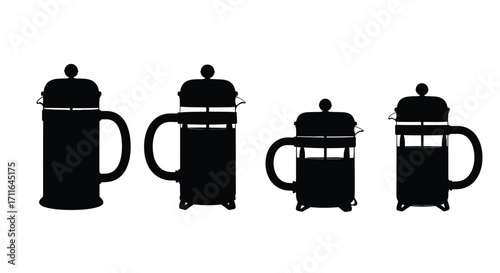 Set of four diverse silhouette coffee french press makers in black and white tones vector