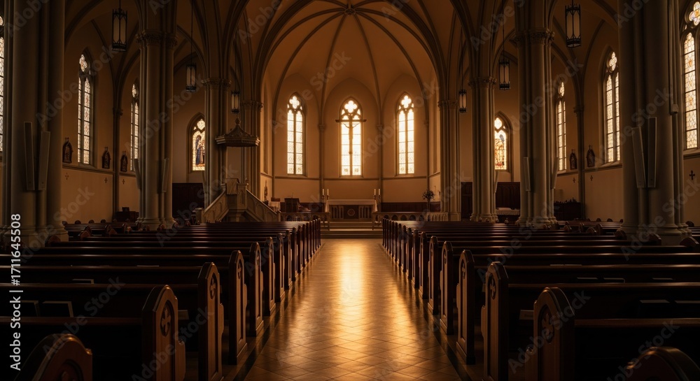 Fototapeta premium Empty church interior, sunlight on floor