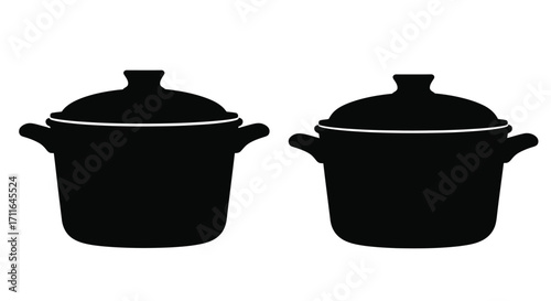 Two black ceramic dutch oven pots with lids silhouette icon kitchenware cooking equipment vector