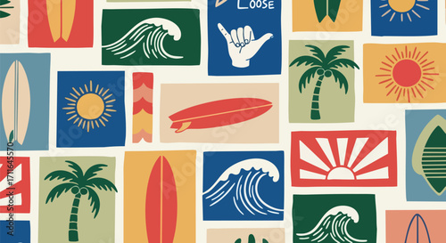 Vibrant retro surfing graphics with surfboards, waves, sun, and palm trees for summer vibes