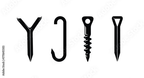 Set of four simple outline icons representing hardware fasteners and hooks for diy projects vector