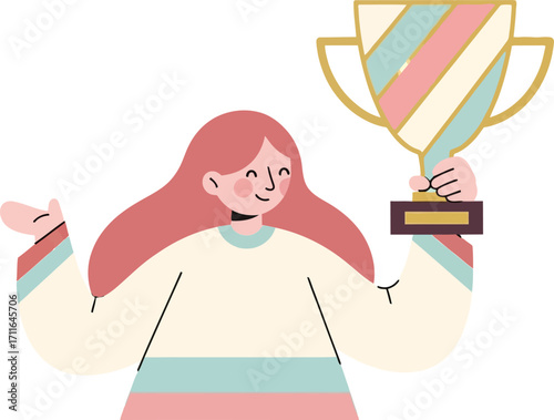 vector illustration of a happy young girl holding a gold trophy with both hands for an International Day of the Girl Child concept of achievement and empowerment.
