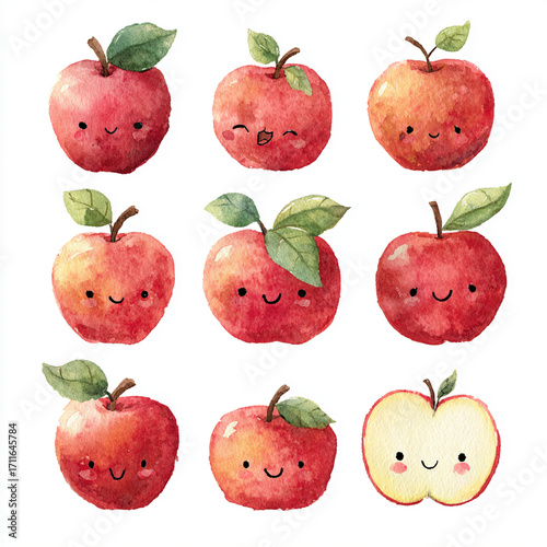 Cute Watercolor kawaii Apples with Happy Faces