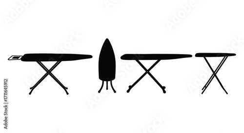 Collection of ironing boards presented in different styles and angles for laundry room essentials vector