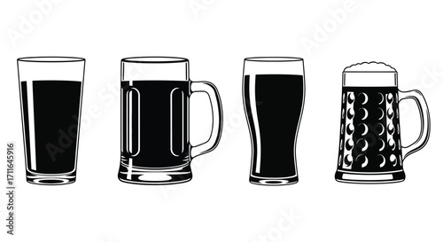 Four distinct beer mugs and glasses filled with dark stout or porter beverages vector