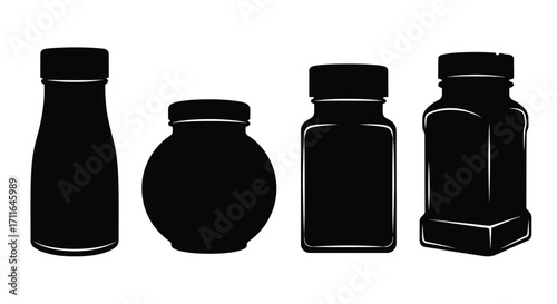 Four silhouette glass bottles and jars with caps set for liquids and food products vector