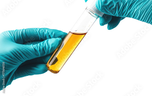 Scientist holding a test tube with yellow liquid isolated on transparent background