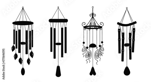 Collection of four decorative wind chimes featuring melodious tones and charming designs vector