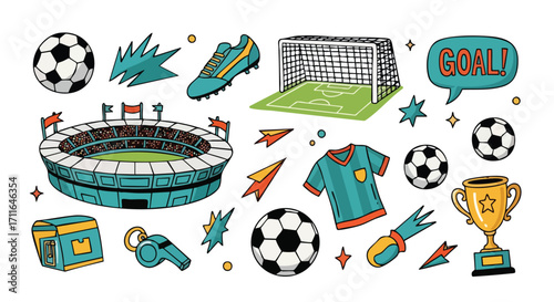 Vibrant soccer elements in playful cartoon style for sports, events, and team branding designs