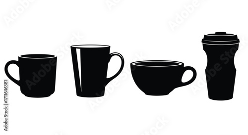 Diverse collection of black ceramic cups and travel mug silhouettes isolated vector