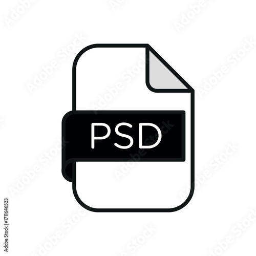 Illustration of a psd file format icon with a folded corner and black banner displaying psd text